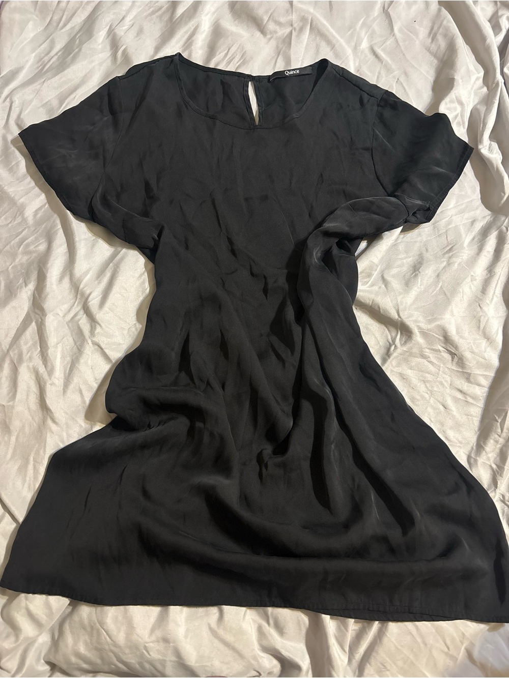 Quince Silk Black Short-Sleeve Mini Dress